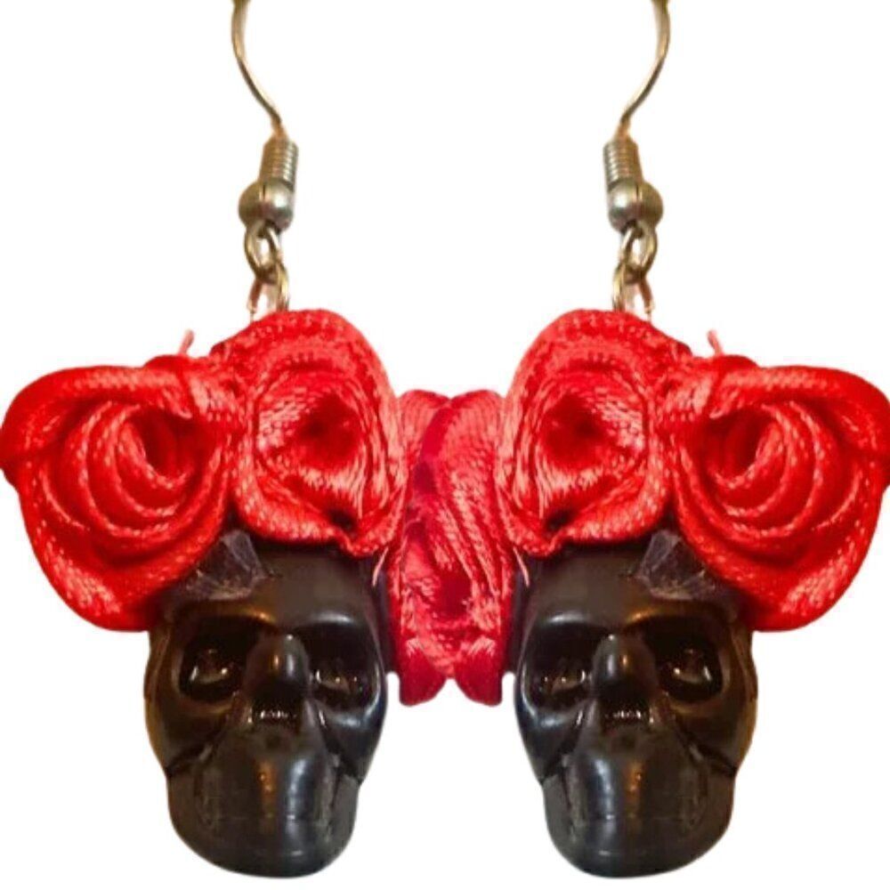 NEW Day of the Dead Drop Earrings Black Skull with Red Rose Flower Crown Tops